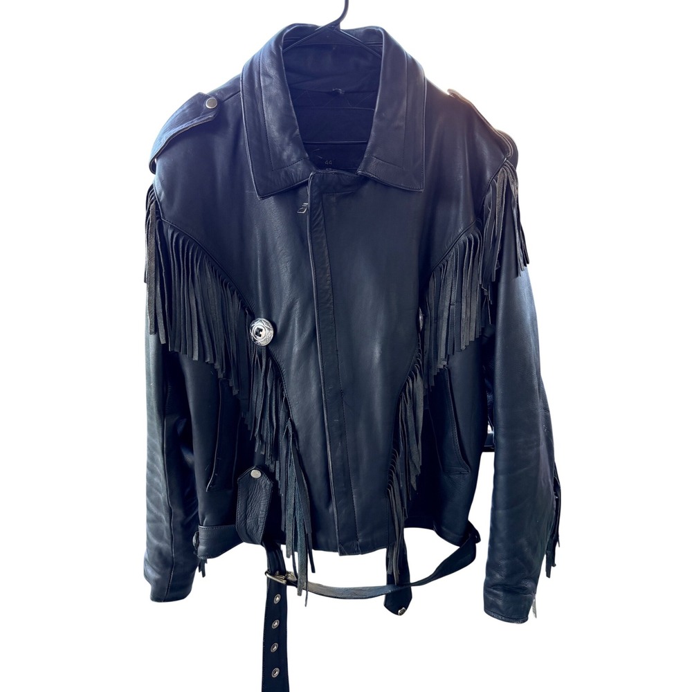 LG Vintage Western Fringe Leather Jacket Mens 44 Black Biker Cowboy Concho YKK